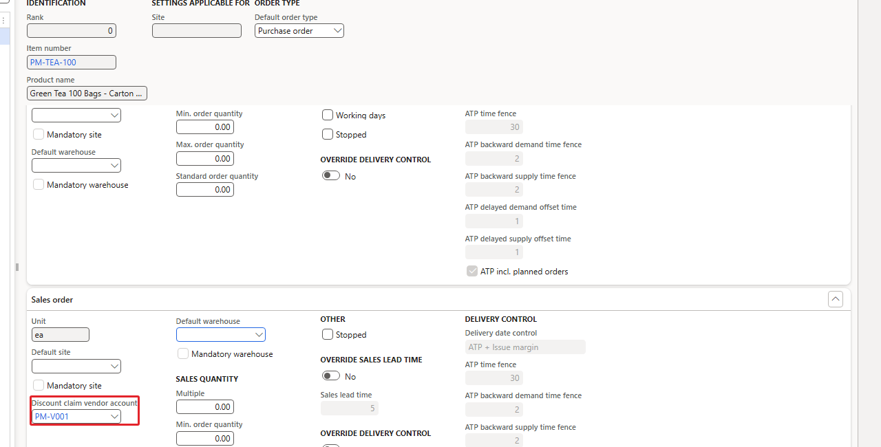 Default order settings – Discount claim vendor account