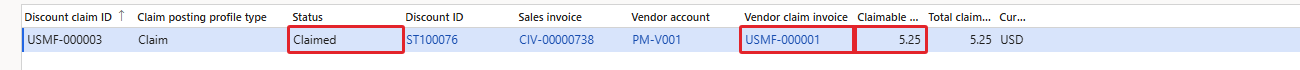Claim USMF-000003 – Claimed, vendor claim invoice USMF-000001