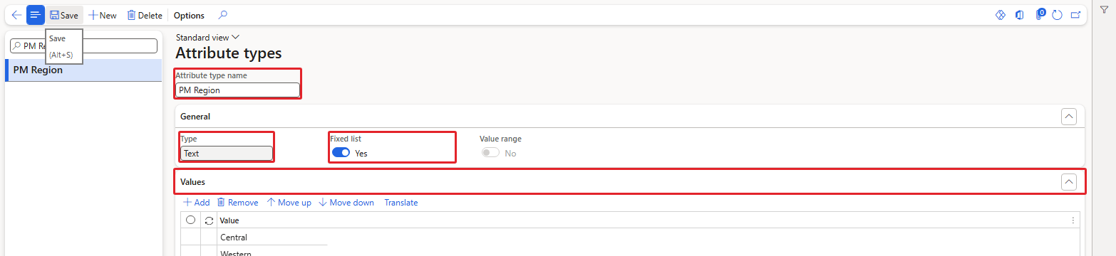 Attribute type PM Region with a fixed list of three values