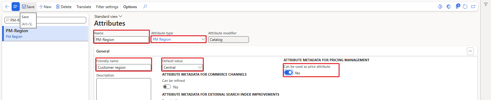 Attribute PM-Region – Can be used as price attribute = Yes