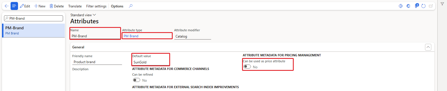 Attribute PM-Brand – created with Can be used as price attribute = No (on purpose)