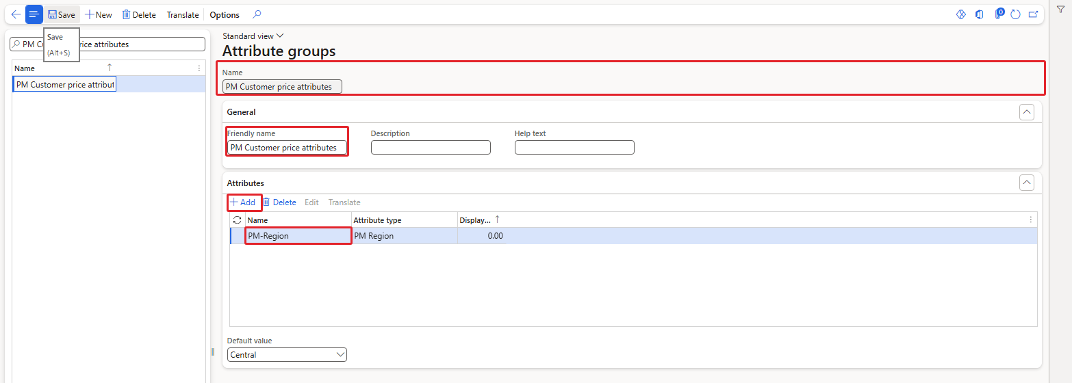 Attribute group PM Customer price attributes containing PM-Region