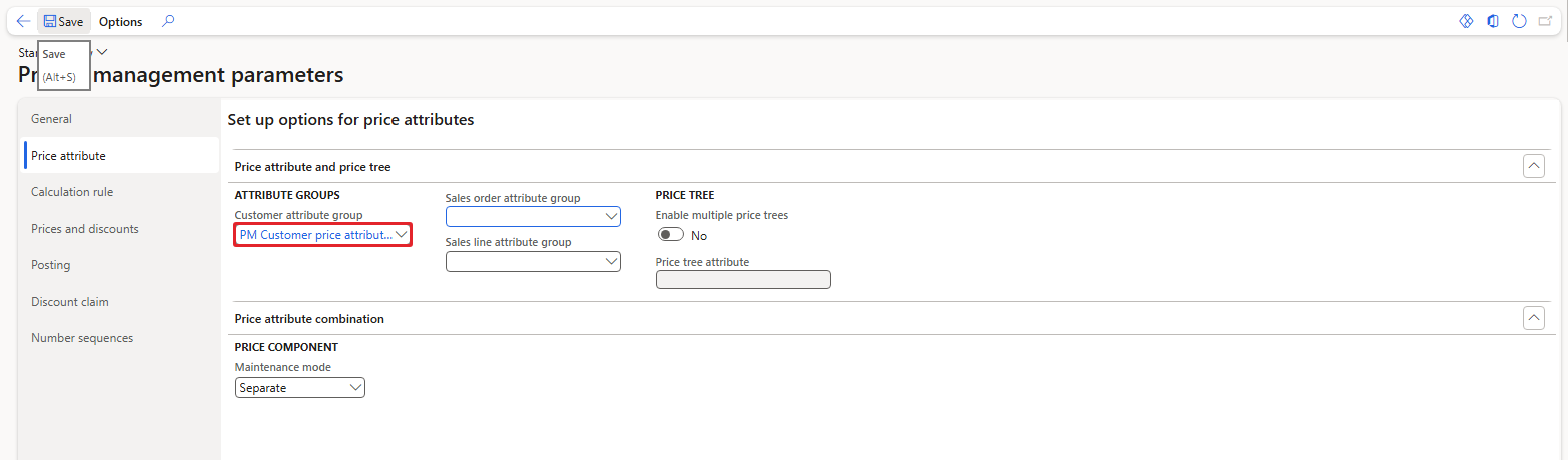 Customer attribute group set in the parameters