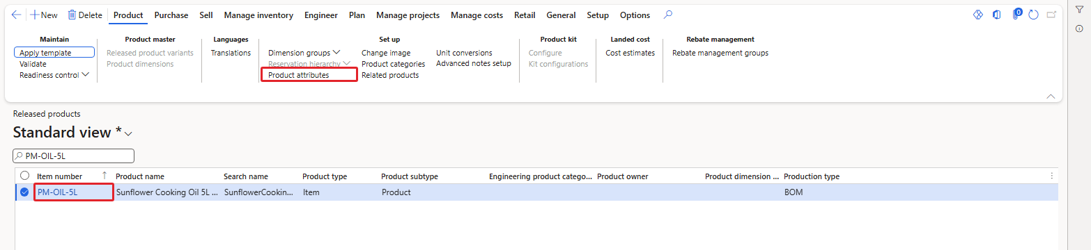 Product attributes button on the released product