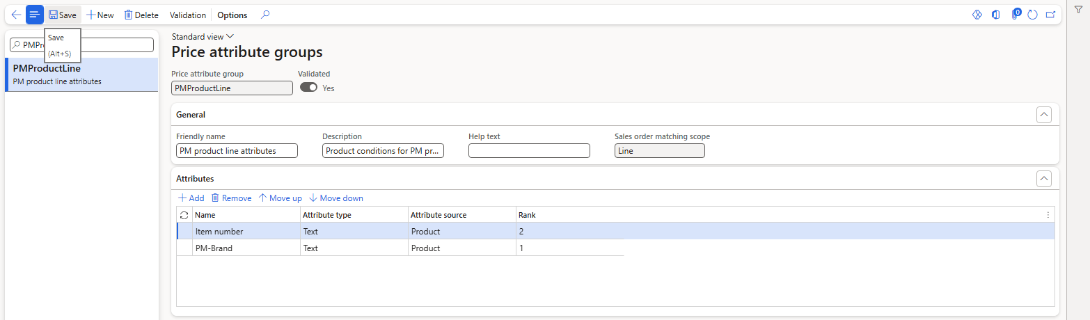 PMProductLine – Item number and PM-Brand, Validated = Yes