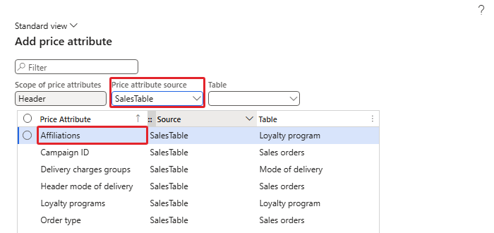 Header attributes with source SalesTable