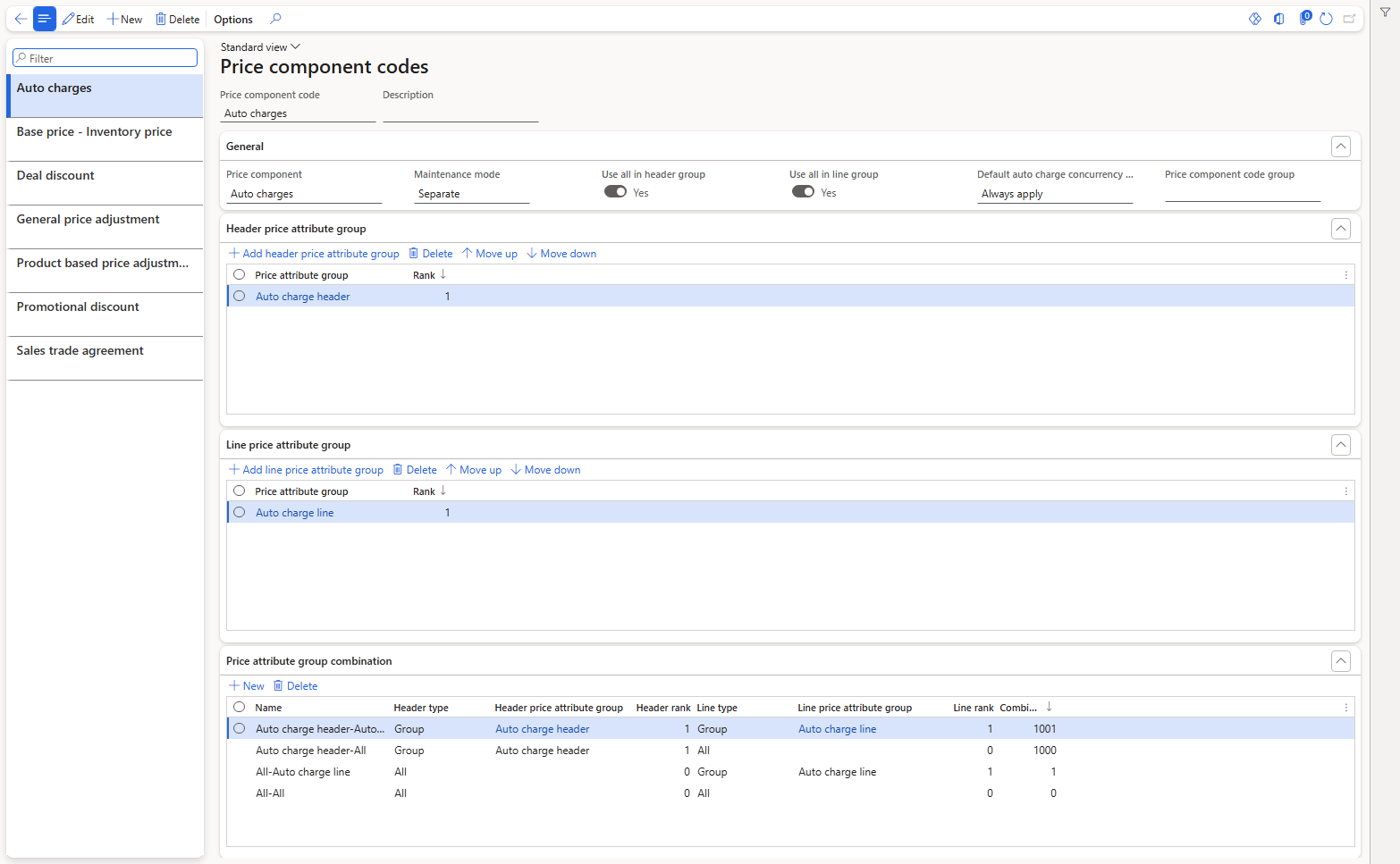 The default price component codes in USMF