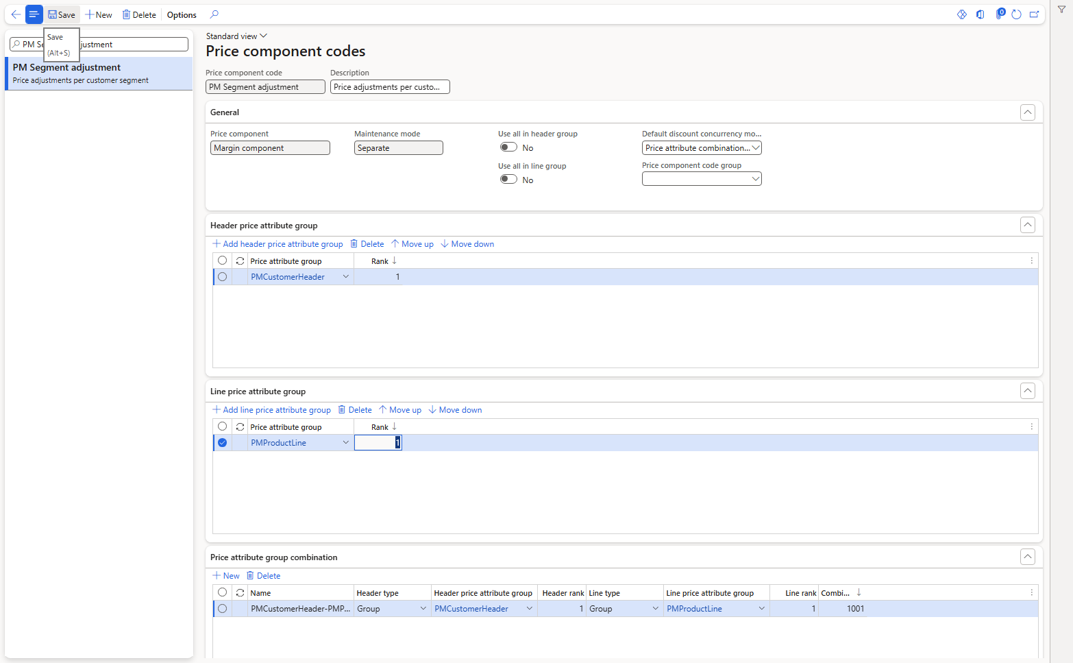 PM Segment adjustment with one header group and one line group