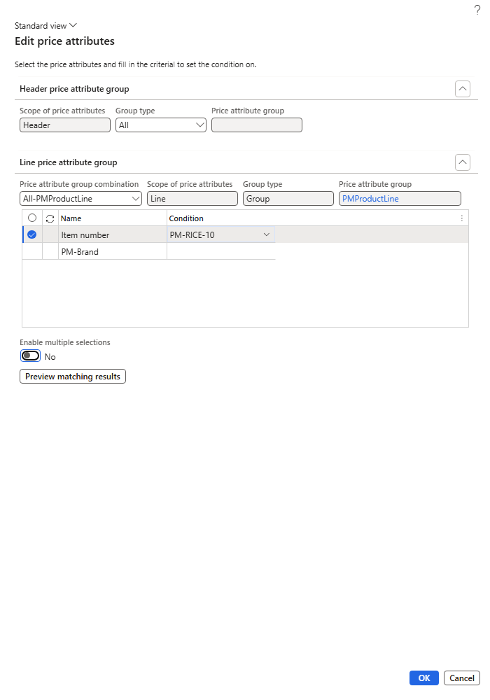 Edit price attributes – header All, combination All-PMProductLine