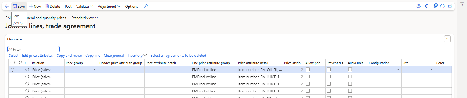 Journal PDJ-00060 – header All / PMProductLine lines