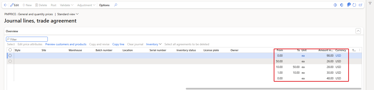 The same lines scrolled to the right – From, To, Unit and Amount