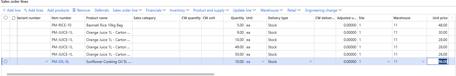 Six lines with different items and quantities