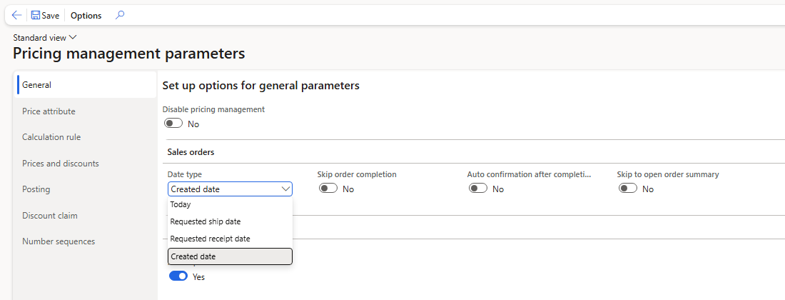 Date type options: Today, Requested ship date, Requested receipt date, Created date
