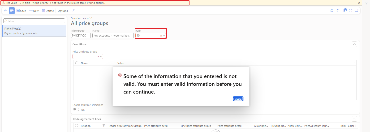"The value '10' in field 'Pricing priority' is not found in the related table 'Pricing priority'."