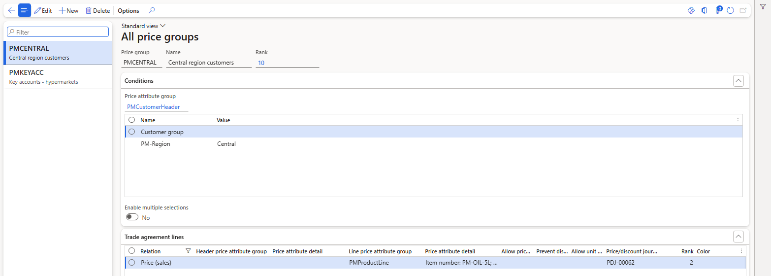 PMCENTRAL with rank 10 – the Trade agreement lines FastTab shows its line from PDJ-00062