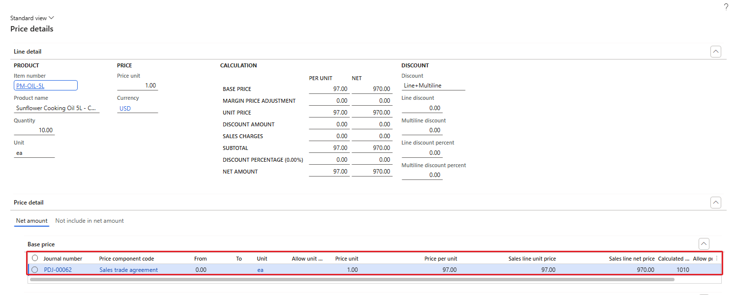 Price details of 001364 after the swap – PMKEYACC line 97.00, calculated pricing priority 1010