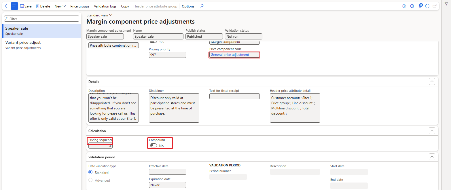 The page with the demo rule Speaker sale – price component code and the read-only Calculation FastTab
