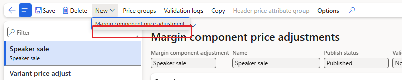 New > Margin component price adjustment