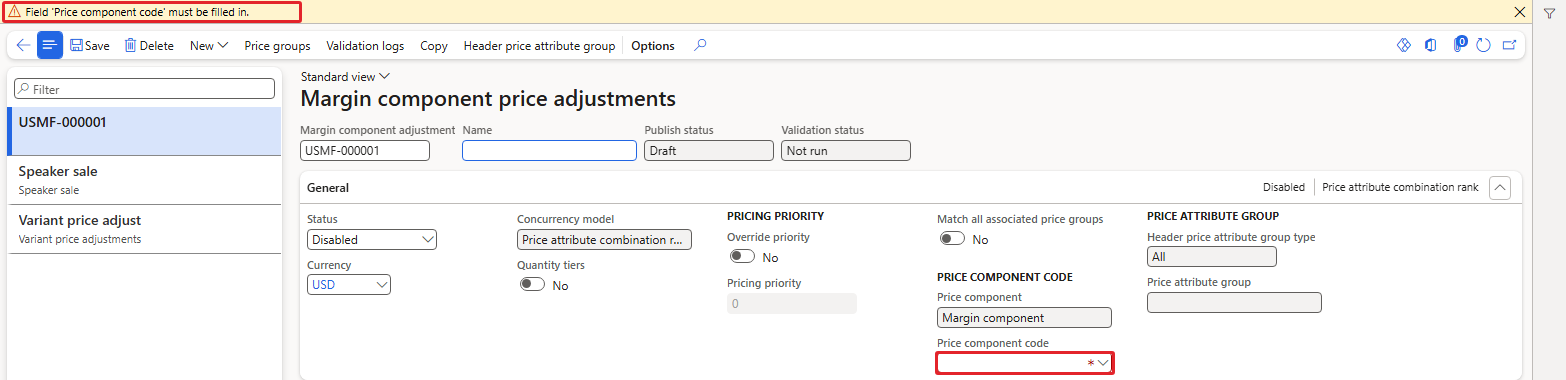 "Field 'Price component code' must be filled in."
