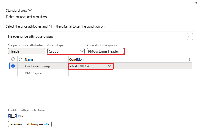 Header condition: Customer group = PM-HORECA