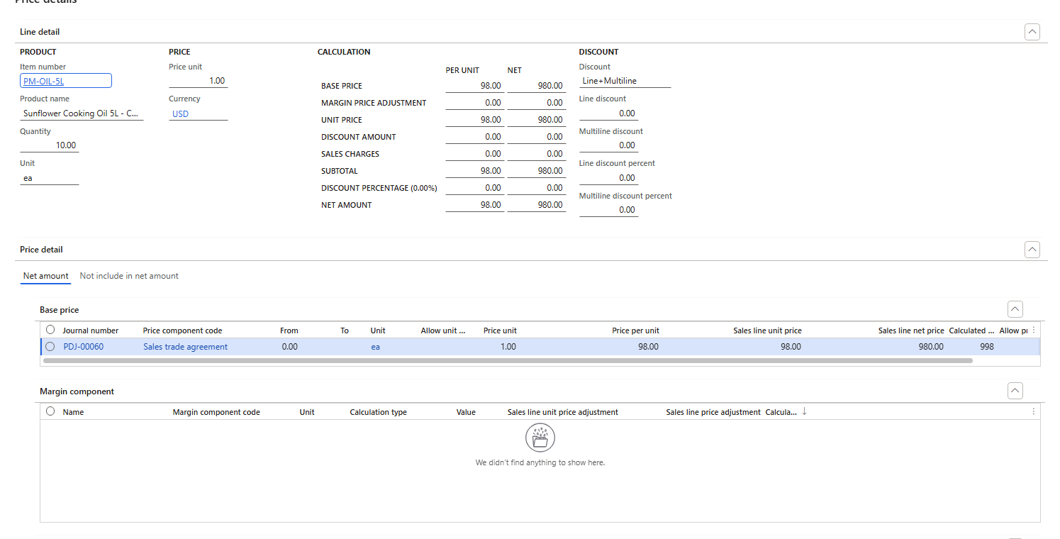 Price details – no margin component applied