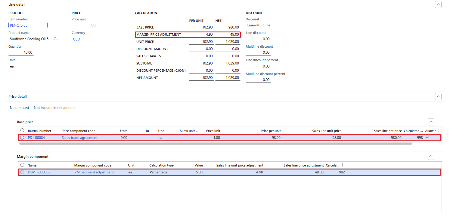 Price details of 001486 – base price 98.00 from PDJ-00084 and the margin component USMF-000002