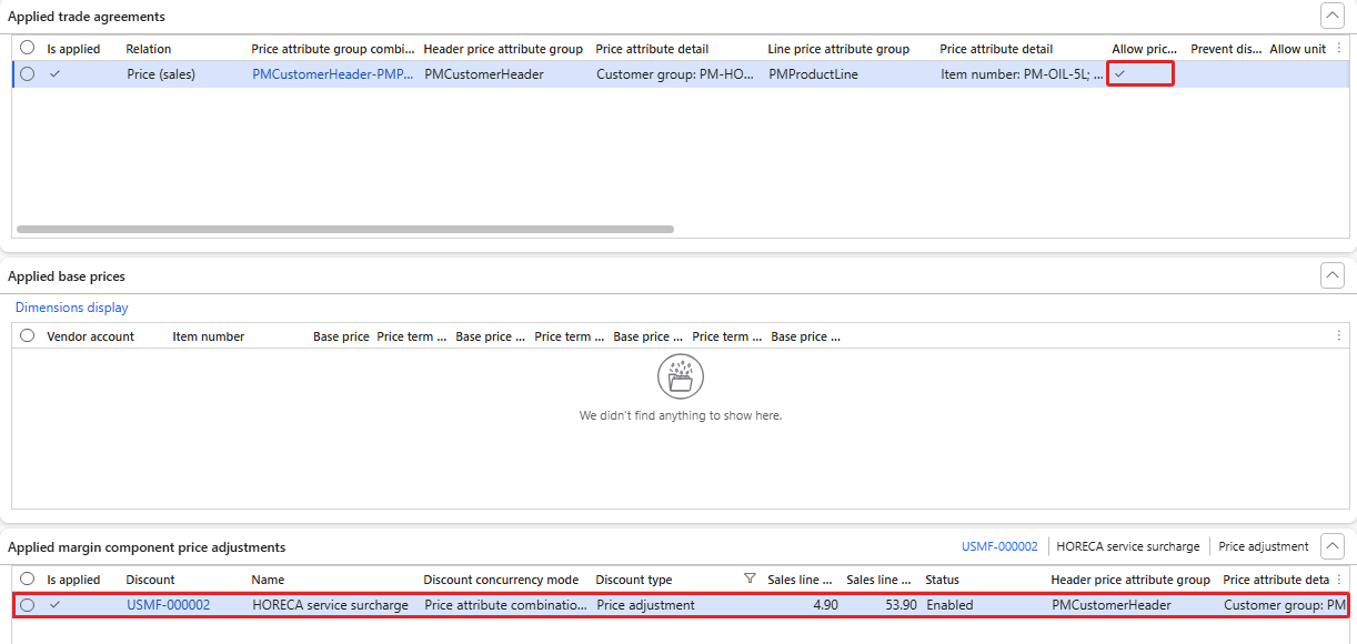 Price simulator after the fix – USMF-000002 applied, trade agreement with Allow price adjustment