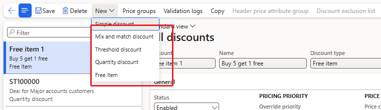 New – Simple discount, Mix and match discount, Threshold discount, Quantity discount, Free item