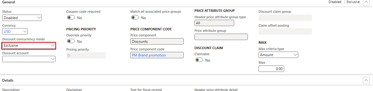 General FastTab – Discount concurrency mode Exclusive, price component code PM Brand promotion