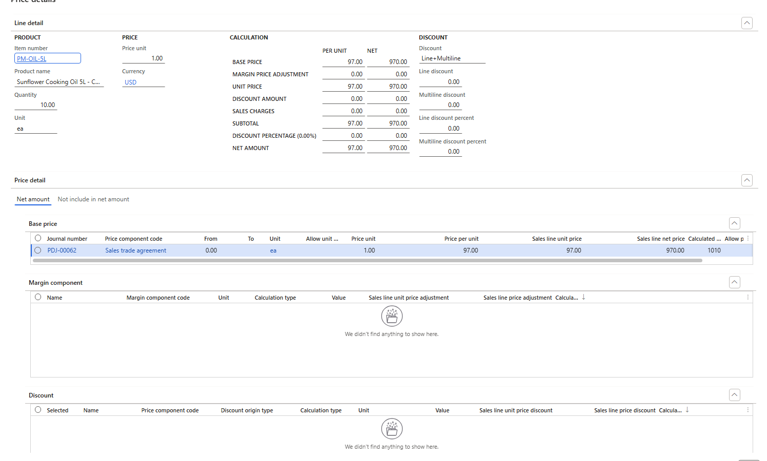 Price details of 001565 – the Discount grid is empty