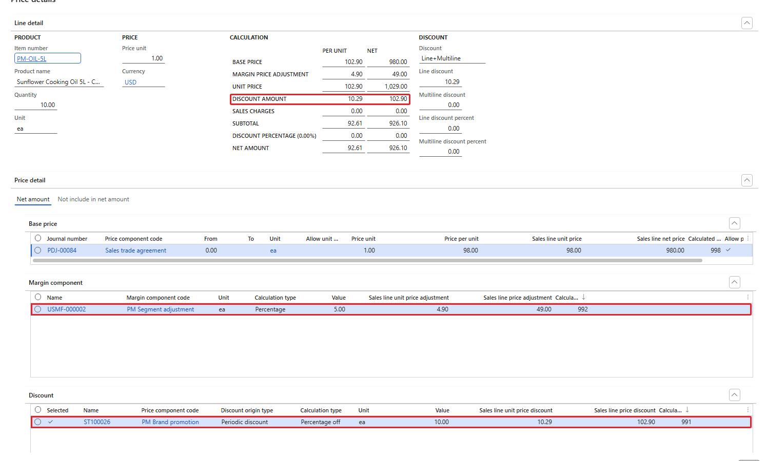 Price details of 001567 – base price, margin component and discount in one view