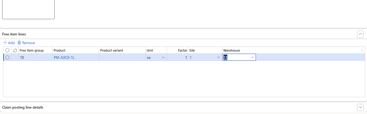 Free item lines – PM-JUICE-1L, factor 1, site 1, warehouse 11