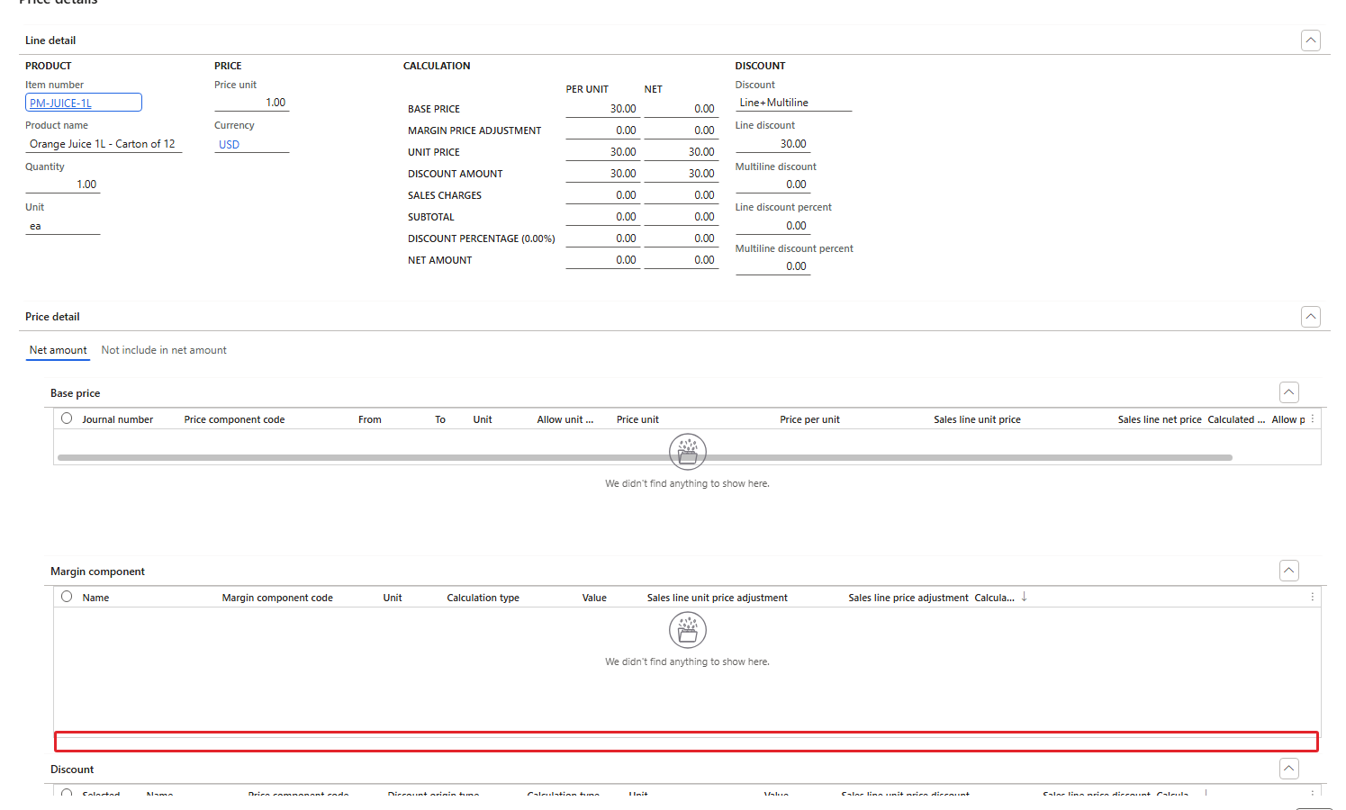 Price details of 001581 (juice line) – USMF-000005, Percentage off 100.00