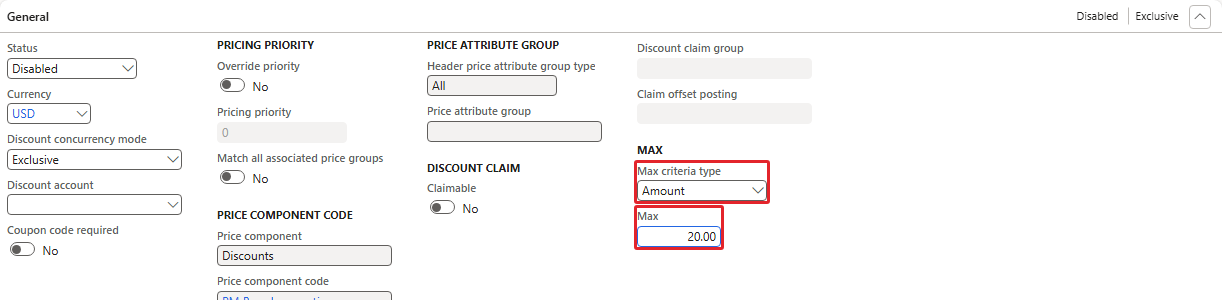 Max criteria type Amount, Max 20.00