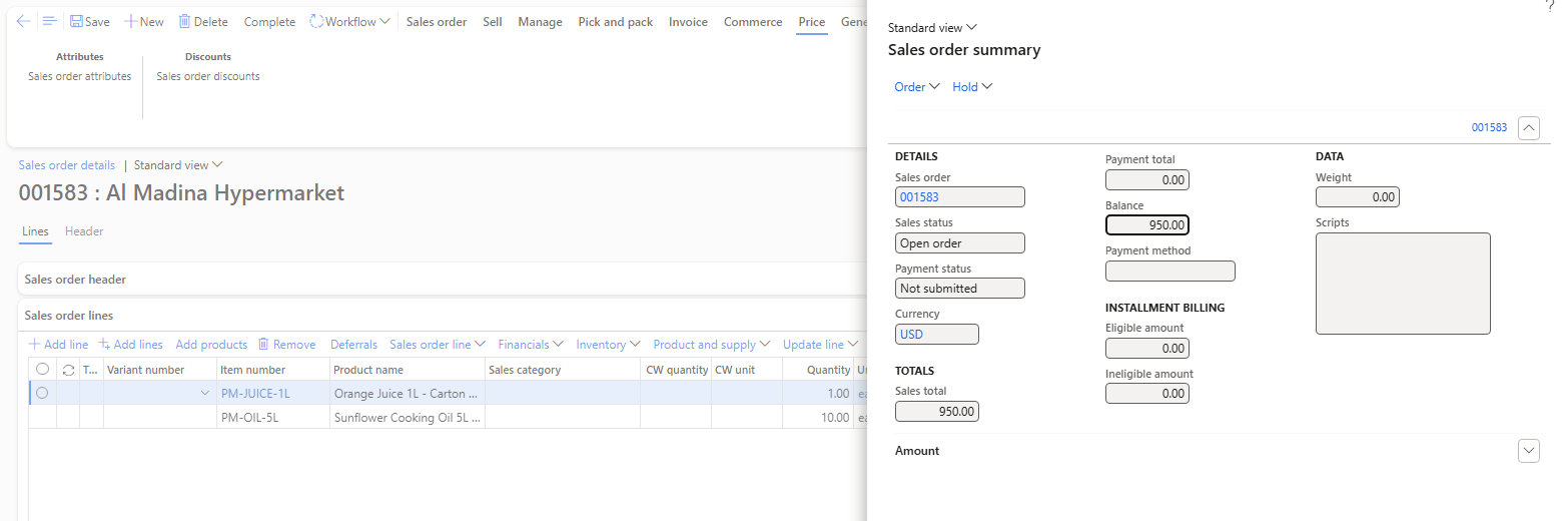 Order 001583 after Complete – sales total 950.00 (oil 970.00 − 20.00; the free juice is 0.00)