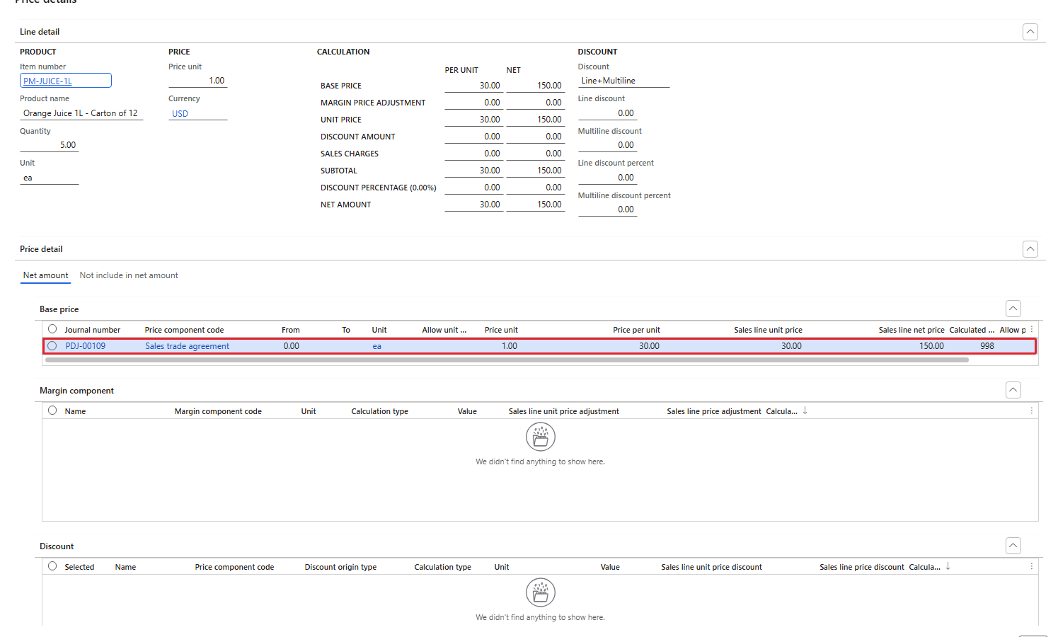 Price details of 001584 – price from PDJ-00109, no discount