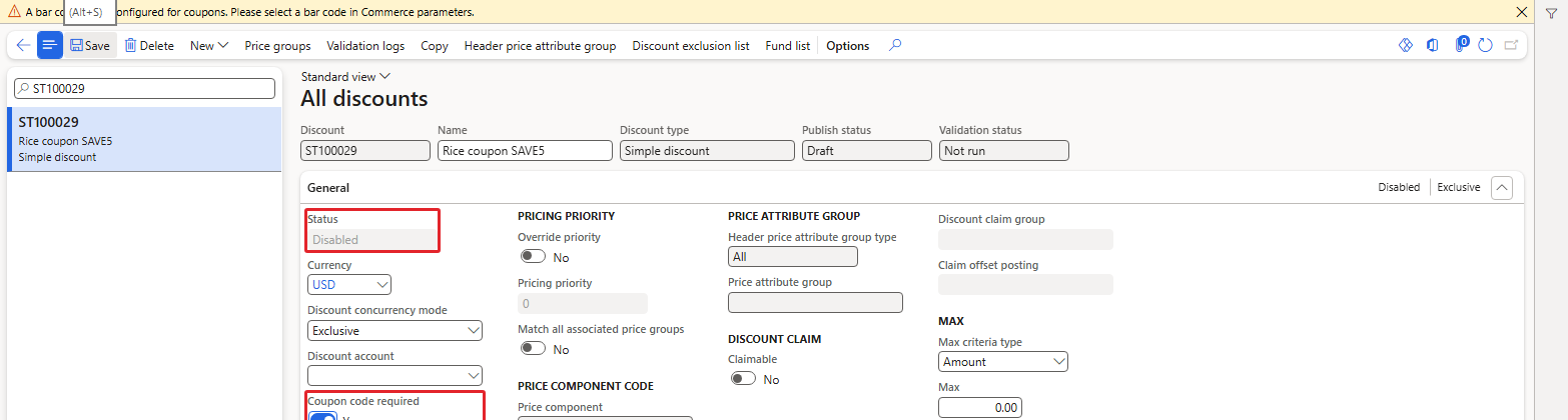 Coupon code required – the bar code message; Status and Effective date become unavailable