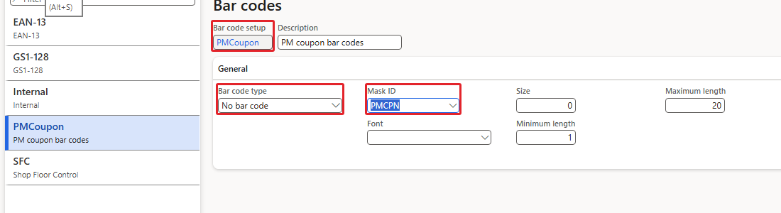 Bar code setup PMCoupon with mask PMCPN