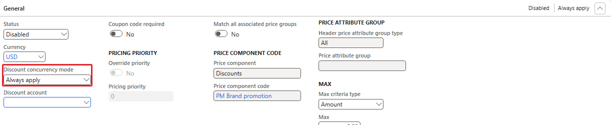 Discount concurrency mode on the threshold discount (here Always apply)