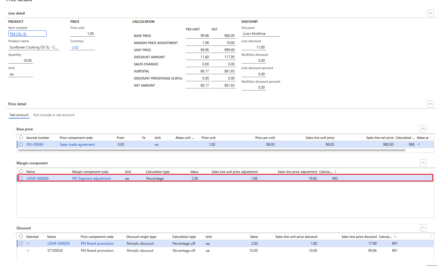 Price details of 001592 (oil) – only USMF-000006 in the Margin component grid