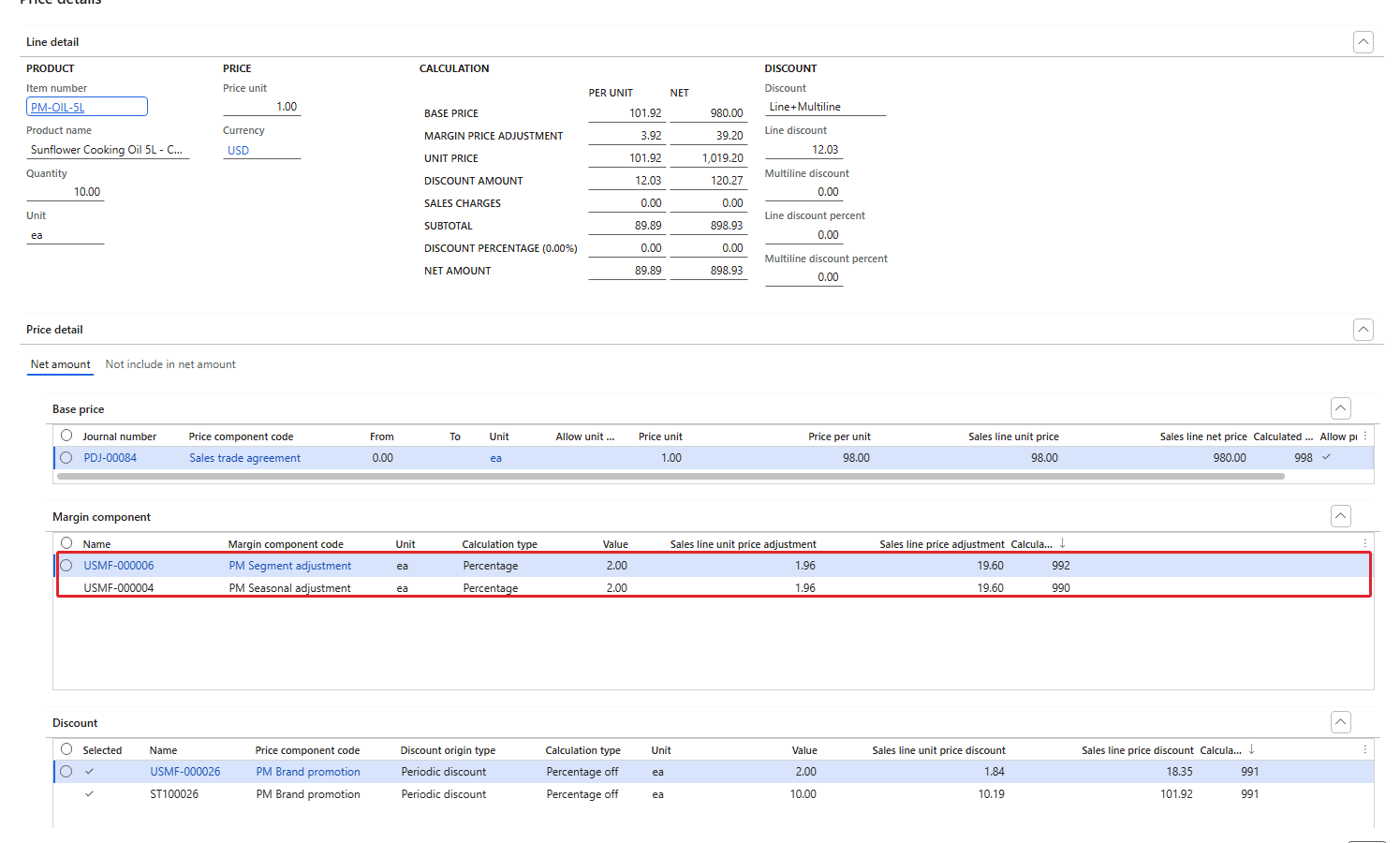 Two margin components – both 1.96, calculated pricing priority 992 and 990