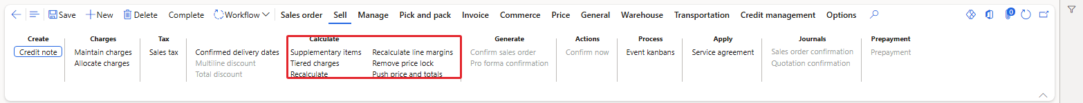 Sell > Calculate – Recalculate, Remove price lock, Recalculate line margins, Push price and totals