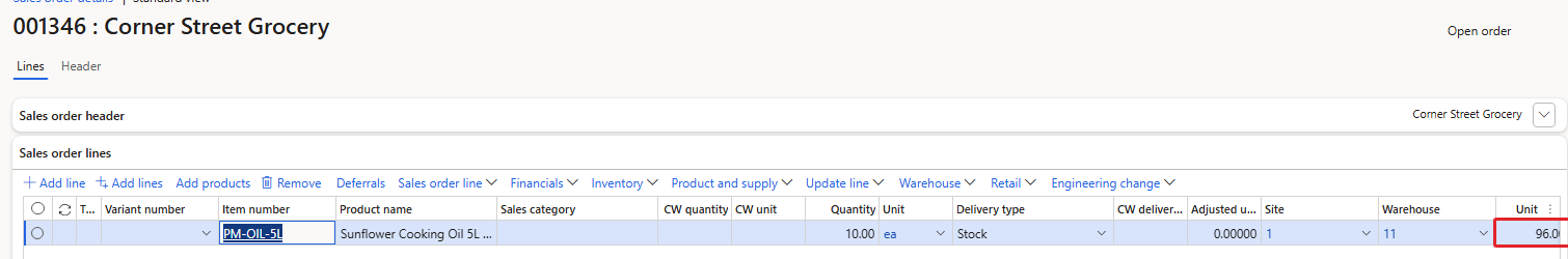 Order 001346 after Recalculate – 96.00