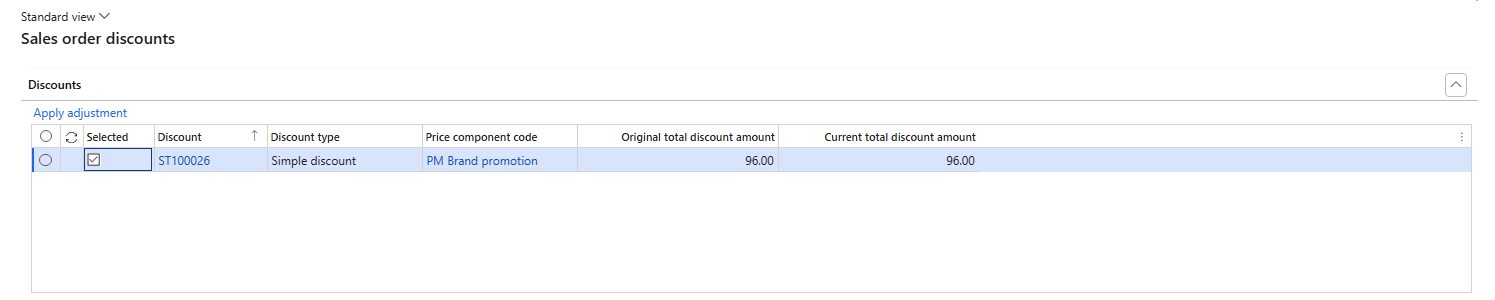 Sales order discounts – ST100026 selected, 96.00
