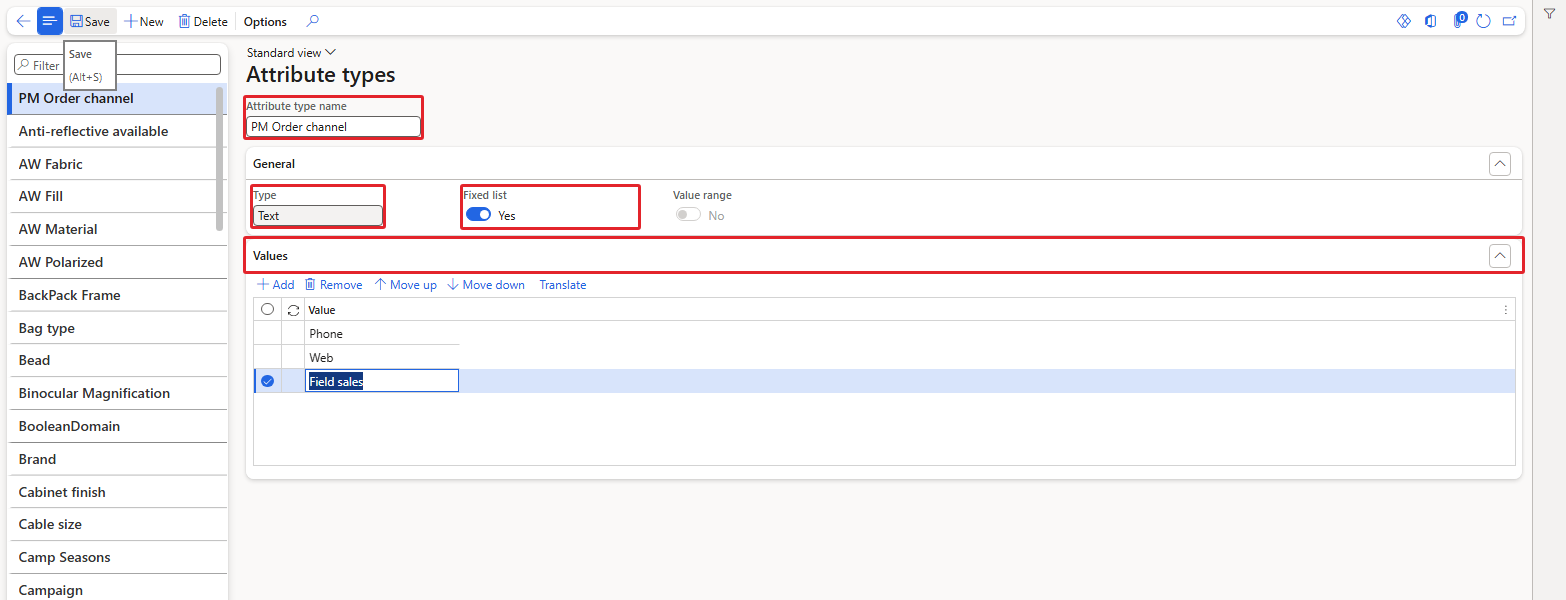 Attribute type PM Order channel