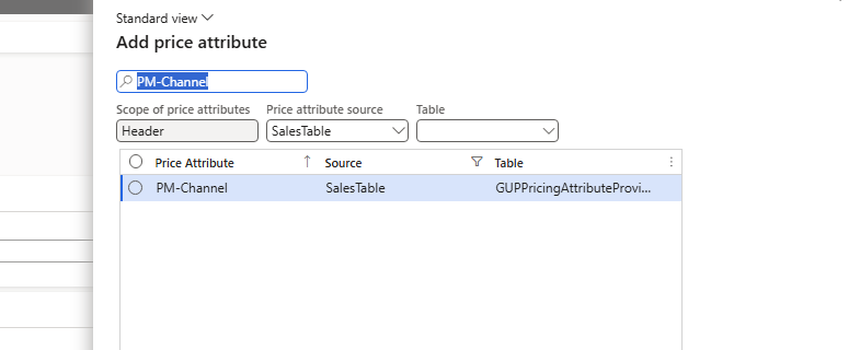 Add price attribute – source SalesTable, PM-Channel