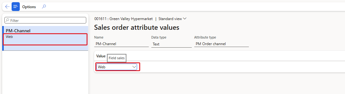 Sales order attribute values – PM-Channel = Web